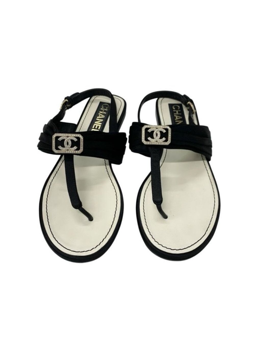 Chanel Sandals Shoes Satin Black Gold Coco Mark Rhinestone Thong Flat - Picture 2 of 10